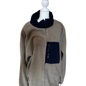 Neutral Two-Tone Fleece Jacket with Navy Accents